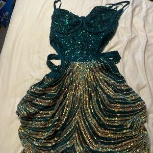 Sequence green and gold dress